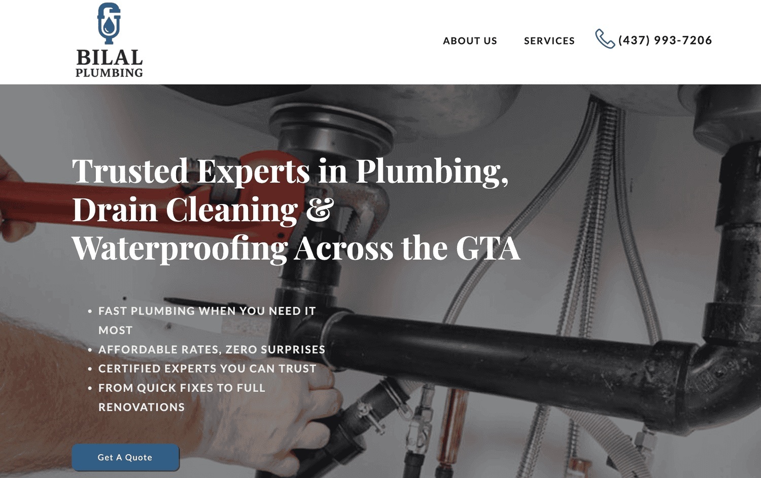 Bilal Plumbing website design by WebsitesByTim, professional homepage for a GTA plumber offering drain cleaning, plumbing, and waterproofing services