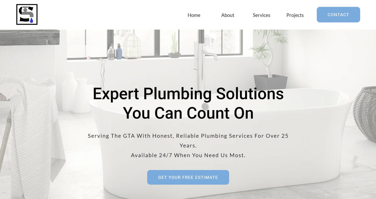 Sample plumber website design by WebsitesByTim. Clean, professional homepage built for an independent plumber in the GTA